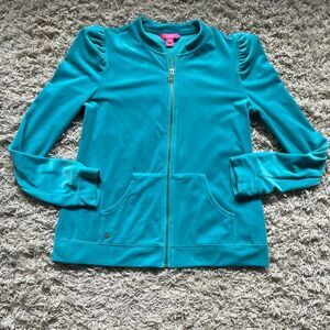 Lilly Pulitzer Jacket Women M Teal Velour Full Zip Puff Sleeve W Pockets